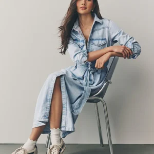Blue Tiered Seam Front Denim 100% Cotton Midi Dress