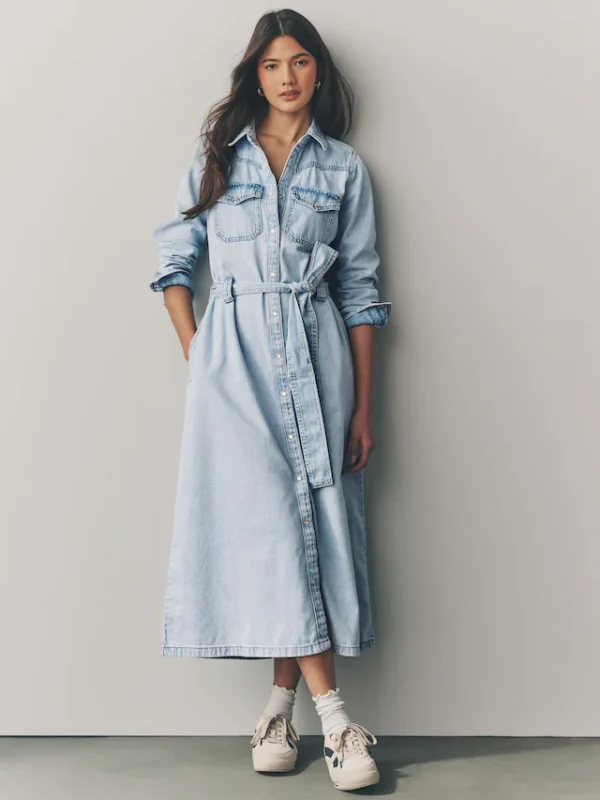 Blue Tiered Seam Front Denim 100% Cotton Midi Dress - Image 5