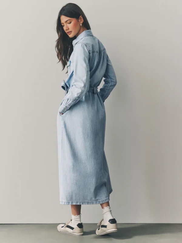 Blue Tiered Seam Front Denim 100% Cotton Midi Dress - Image 4