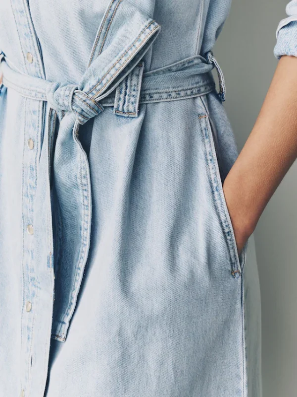 Blue Tiered Seam Front Denim 100% Cotton Midi Dress - Image 3
